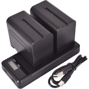 DSTE Replacement for 2X NP-F970 + Rapid Dual LCD Battery Charger Compatible Sony DCM-M1 MVC-CD1000 HDR-FX1 DSR-PD190P NEX-FS700RH HXR-NX3 as NP-F930 NP-F950 NP-F960 with Type-C and Micro-USB Port