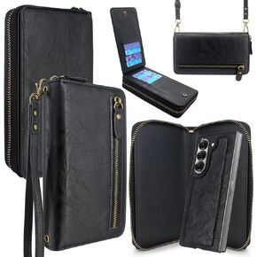 Lacass for Samsung Galaxy Z Fold 6 Z FOLD6 5G 2024 Case Crossbody Dual Zipper Detachable Magnetic Leather Wallet Cover Wrist Strap with 8 Card Slots(Floral Dark Purple)