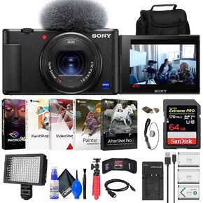 Sony ZV-1 Digital Camera (White) (DCZV1/W) + 64GB Memory Card + Case + 2 x NP-BX1 Battery + Card Reader + LED Light + Corel Photo Software + HDMI Cable + Charger + Flex Tripod + More (Renewed)