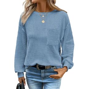 Dokotoo Womens Tops 2024 Long Sleeve Tops Crewneck Waffle Top for Women Women Blouses Business Casual Fitted Shirts Basic Tee