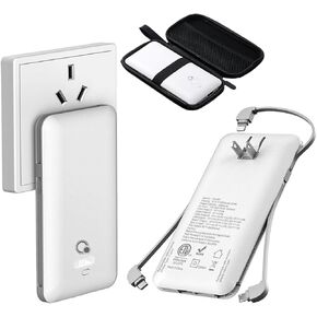 Brand Q 10000mAh Portable Charger with Built-in Cables and AC Wall Plug, USB C Fast Charging Power Bank with 3 Cords,5 Output External Battery Pack Compatible with iPhone,Tablet and All Smart Phones