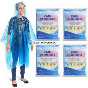 Rain Ponchos by Cloud 10. Include 4 Packs of Blue Disposable Rain Ponchos. Longer Sleeves Poncho Raincoat and Larger Hooded Poncho Rain Coat. Thick Rain Ponchos for Adults, Kids, Men, and Women.