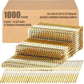 Pasimy 1000 Per Box Framing Nails 21 EG Degree Smooth Shank Plastic Collated Nails Galvanized Full Round Head Framing Nails for Framing Nailer(3-1/2 Inch X 0.131 Inch)