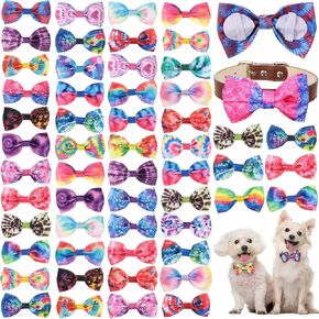 Reginary 50 Pieces Dog Bow Ties Pet Collar Bow Puppy Collar Attachment with Rubber Bands for Small Medium Cat Pet Grooming Charms Accessories Wedding Birthday Occasion(Plaid Style)