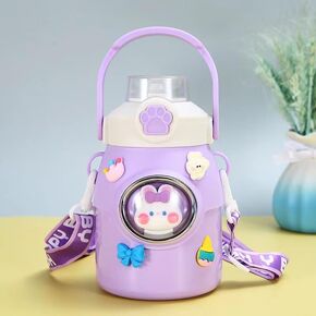 Cute Water Bottle with Strap and Straw 22oz Aesthetic Kawaii Water Bottles BPA-free Leak-proof Insulated Water Bottles for Girls Sports Travel(Pink)