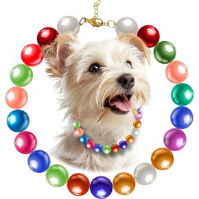 KUDES Colorful Beaded Dog Necklace (Beads 16mm) with Adjustable Extension Chain,Strong Stainless Steel Wire Rope,Pet Necklace Jewelry Accessories Candy-Colored Pearls Necklace for Cats and Dogs