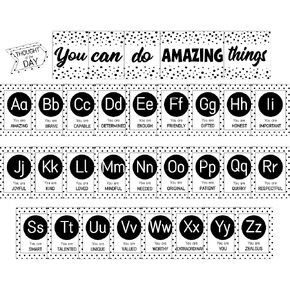 Bulletin Board Letters - ABC Alphabet with Growth Mindset Posters, Black and White Dual-Purpose Resource Motivational Banner English Learning Poster School Classroom Wall Decor for Preschool Supplies