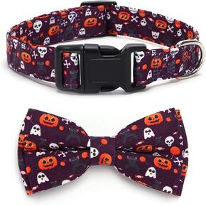 TDTOK Cute Halloween Dog Collar Durable Soft Cotton Spooky Dog Collar, Adjustable Dog Halloween Collar with Bow for Small Medium Large Dogs with Skull Bat Hat Pumpkin Spooky Candy Patterns Dog Collar