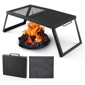 Odoland Folding Campfire Grill, Heavy Duty Steel Mesh Grate with Folding Legs and Storage Bag, Portable Camping Grates, Over Fire Pit Grill Rack for Outdoor Cooking and Bonfire