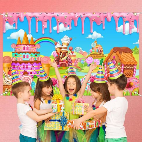Avezano Candyland Banner Backdrop Sweet Donut Candy Background for Birthday Party Decoration Rainbow Candytown Baby Shower Photo Booth Banner, 70.8x43.3inch in Saudi Arabia