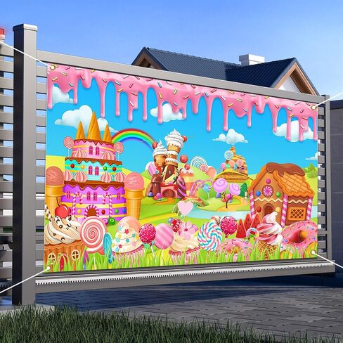 Avezano Candyland Banner Backdrop Sweet Donut Candy Background for Birthday Party Decoration Rainbow Candytown Baby Shower Photo Booth Banner, 70.8x43.3inch in Saudi Arabia