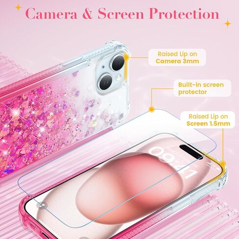 Ruky for iPhone 15 Case, with Screen Protector Glitter Sparkle Flowing Quicksand Waterfall Flexible Soft TPU Protective Women Girls Phone Case for iPhone 15 6.1 inches, Gradient Pink in Saudi Arabia