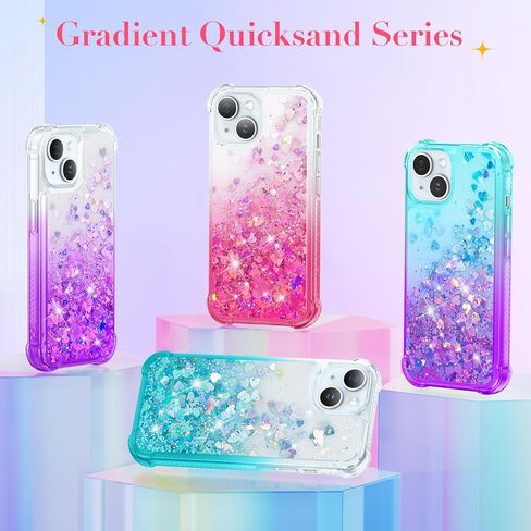 Ruky for iPhone 15 Case, with Screen Protector Glitter Sparkle Flowing Quicksand Waterfall Flexible Soft TPU Protective Women Girls Phone Case for iPhone 15 6.1 inches, Gradient Pink in Saudi Arabia