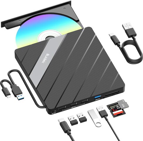 محرك أقراص CD/DVD خارجي، USB 3.0 USB C محمول CD DVD +/-RW مشغل DVD مع قارئ بطاقة SD/Micro SD 8 في 1 متوافق مع الكمبيوتر المحمول المكتبي Mac PC Windows Linux in Kuwait