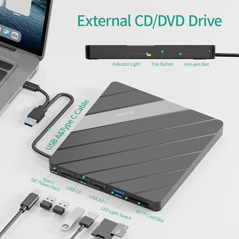 محرك أقراص CD/DVD خارجي، USB 3.0 USB C محمول CD DVD +/-RW مشغل DVD مع قارئ بطاقة SD/Micro SD 8 في 1 متوافق مع الكمبيوتر المحمول المكتبي Mac PC Windows Linux in Kuwait