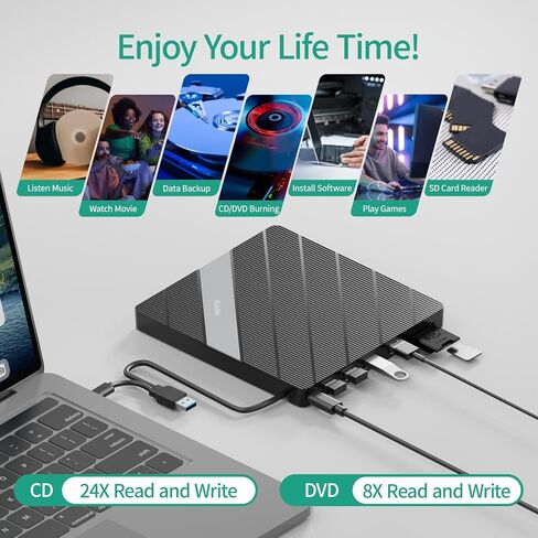 محرك أقراص CD/DVD خارجي، USB 3.0 USB C محمول CD DVD +/-RW مشغل DVD مع قارئ بطاقة SD/Micro SD 8 في 1 متوافق مع الكمبيوتر المحمول المكتبي Mac PC Windows Linux in Kuwait