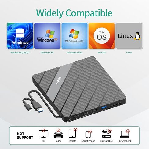 محرك أقراص CD/DVD خارجي، USB 3.0 USB C محمول CD DVD +/-RW مشغل DVD مع قارئ بطاقة SD/Micro SD 8 في 1 متوافق مع الكمبيوتر المحمول المكتبي Mac PC Windows Linux in Kuwait