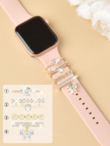 Watch Band Charms Set - Decorative Rings and Clasps with Shining Stones, Compatible with iWatch Series 1 to 8, Fits 38mm/40mm/41mm/42mm/44mm/45mm Models (No Watch Band) in Saudi Arabia