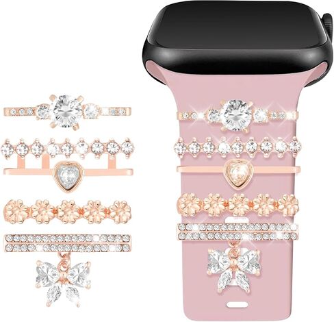 Watch Band Charms Set - Decorative Rings and Clasps with Shining Stones, Compatible with iWatch Series 1 to 8, Fits 38mm/40mm/41mm/42mm/44mm/45mm Models (No Watch Band) in Saudi Arabia