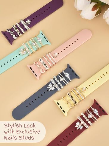 Watch Band Charms Set - Decorative Rings and Clasps with Shining Stones, Compatible with iWatch Series 1 to 8, Fits 38mm/40mm/41mm/42mm/44mm/45mm Models (No Watch Band) in Saudi Arabia