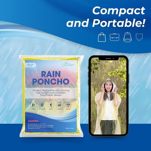 Rain Ponchos by Cloud 10. Include 4 Packs of Blue Disposable Rain Ponchos. Longer Sleeves Poncho Raincoat and Larger Hooded Poncho Rain Coat. Thick Rain Ponchos for Adults, Kids, Men, and Women. in Kuwait