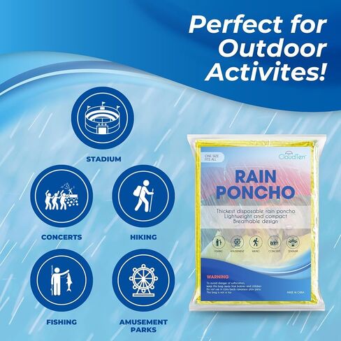 Rain Ponchos by Cloud 10. Include 4 Packs of Blue Disposable Rain Ponchos. Longer Sleeves Poncho Raincoat and Larger Hooded Poncho Rain Coat. Thick Rain Ponchos for Adults, Kids, Men, and Women. in Kuwait