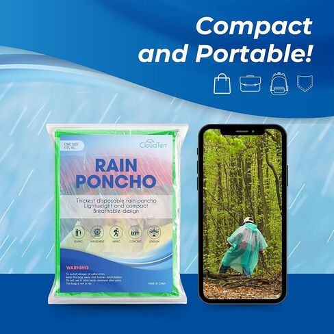 Rain Ponchos by Cloud 10. Include 4 Packs of Blue Disposable Rain Ponchos. Longer Sleeves Poncho Raincoat and Larger Hooded Poncho Rain Coat. Thick Rain Ponchos for Adults, Kids, Men, and Women. in Kuwait