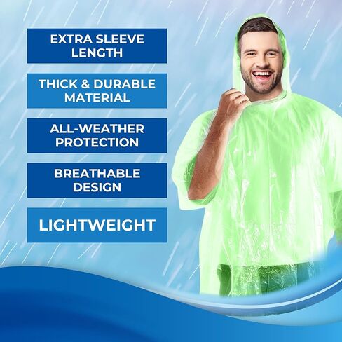Rain Ponchos by Cloud 10. Include 4 Packs of Blue Disposable Rain Ponchos. Longer Sleeves Poncho Raincoat and Larger Hooded Poncho Rain Coat. Thick Rain Ponchos for Adults, Kids, Men, and Women. in Kuwait