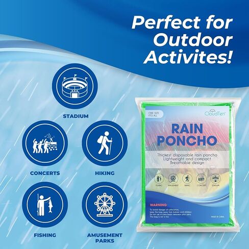 Rain Ponchos by Cloud 10. Include 4 Packs of Blue Disposable Rain Ponchos. Longer Sleeves Poncho Raincoat and Larger Hooded Poncho Rain Coat. Thick Rain Ponchos for Adults, Kids, Men, and Women. in Kuwait