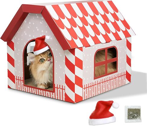 Cardboard Cat House with Scratching Board/Catnip/Christmas Hat (17.9"x14.5"x13.8") Large Cat Condo Gingerbread Easy Assembly with Reversible Cat Scratcher Christmas Cat Beds for Indoor Cats in Saudi Arabia