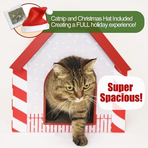 Cardboard Cat House with Scratching Board/Catnip/Christmas Hat (17.9"x14.5"x13.8") Large Cat Condo Gingerbread Easy Assembly with Reversible Cat Scratcher Christmas Cat Beds for Indoor Cats in Saudi Arabia