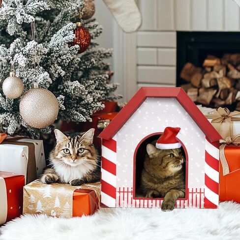 Cardboard Cat House with Scratching Board/Catnip/Christmas Hat (17.9"x14.5"x13.8") Large Cat Condo Gingerbread Easy Assembly with Reversible Cat Scratcher Christmas Cat Beds for Indoor Cats in Saudi Arabia