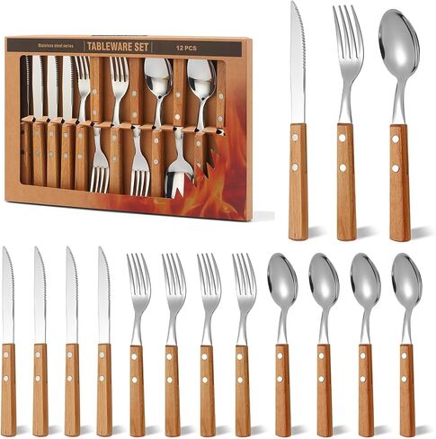 Today's Present Forks and Spoons Silverware Set, 24 Piece Wooden Handle Silverware Set for 8, Wooden Cutlery Stainless Steel Flatware Set with Wood Handle Gift Box Set for Home Kitchen Travel Camping in Saudi Arabia