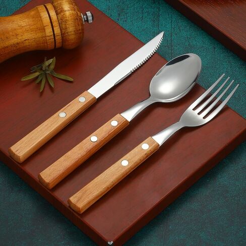 Today's Present Forks and Spoons Silverware Set, 24 Piece Wooden Handle Silverware Set for 8, Wooden Cutlery Stainless Steel Flatware Set with Wood Handle Gift Box Set for Home Kitchen Travel Camping in Saudi Arabia