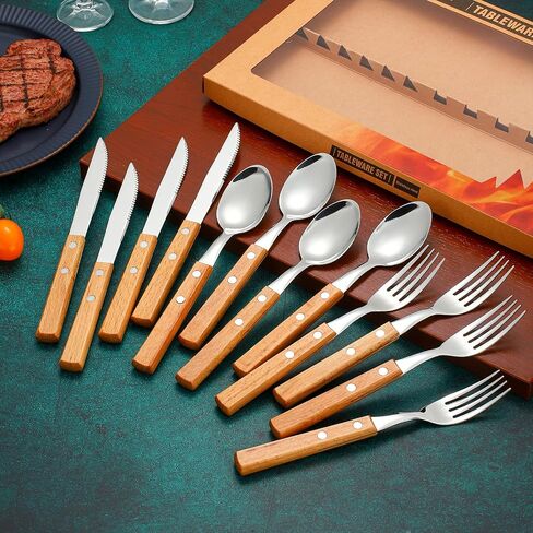 Today's Present Forks and Spoons Silverware Set, 24 Piece Wooden Handle Silverware Set for 8, Wooden Cutlery Stainless Steel Flatware Set with Wood Handle Gift Box Set for Home Kitchen Travel Camping in Saudi Arabia