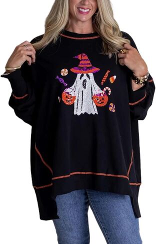 المرأة هالوين الترتر البلوز موسم مخيف مضحك الجرافيك قمصان طويلة الأكمام Crewneck سترة ملابس الهالوين in Saudi Arabia