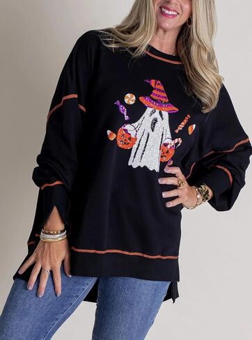 المرأة هالوين الترتر البلوز موسم مخيف مضحك الجرافيك قمصان طويلة الأكمام Crewneck سترة ملابس الهالوين in Saudi Arabia