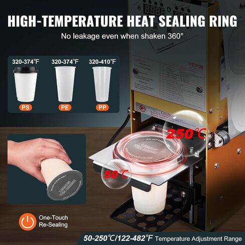 VEVOR Bubble Tea Machine, Fully Automatic Cup Sealing Machine, Electric Machine 500-650 Cups/H for 180 mm Tall & 90/95 mm Cup with Digital Control LCD Panel for Bubble Milk Tea Coffee Gold in Saudi Arabia