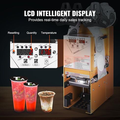 VEVOR Bubble Tea Machine, Fully Automatic Cup Sealing Machine, Electric Machine 500-650 Cups/H for 180 mm Tall & 90/95 mm Cup with Digital Control LCD Panel for Bubble Milk Tea Coffee Gold in Saudi Arabia