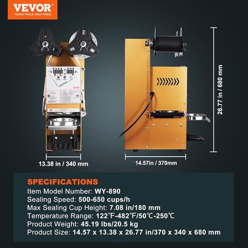 VEVOR Bubble Tea Machine, Fully Automatic Cup Sealing Machine, Electric Machine 500-650 Cups/H for 180 mm Tall & 90/95 mm Cup with Digital Control LCD Panel for Bubble Milk Tea Coffee Gold in Saudi Arabia