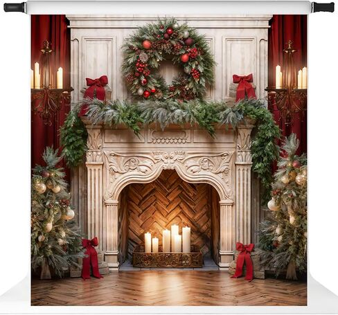 Kate Christmas Fireplace Backdrop Red Curtain Holiday Christmas Wreath Photo Backdrop for Family Professional Photography Studio Props, 10x10ft in Kuwait