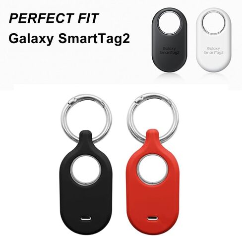 Case for Galaxy SmartTag2 Tracker, Soft Silicone Skin Cover Shock-Absorbing Protective Case with Carabiner (Black+Red) in Saudi Arabia