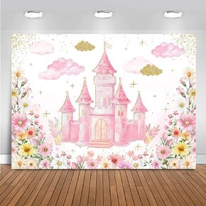 Mocsicka Princess Castle Backdrop for Girls Birthday Party Wildflower Pink Castle Birthday Decorations Princess Floral Castle Birthday Baby Shower Cake Table Decoration Photo Booth Props(7x5ft)