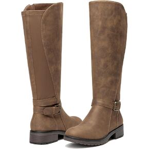 ALLOT Women's Stretch Knee High Boots Low Block Heel Buckle Strap Classic Riding Boots Ladies Side Zip Elastic Casual Fashion Winter Boots