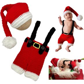 Newborn Photography Outfits Baby Santa Knit Romper And Sleeper Hat with Fur Pompom Christmas Outfit for for Baby First Christmas Photo Props/Christmas Season Festive Outfit/Christmas Baby Photoshoot