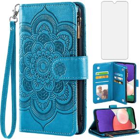 Asuwish Phone Case for Samsung Galaxy A22 5G/Boost Mobile Celero 5G Wallet Cover with Tempered Glass Screen Protector and Flip Credit Card Holder Stand Cell Celero5G Gaxaly A 22 22A G5 Women Men Blue