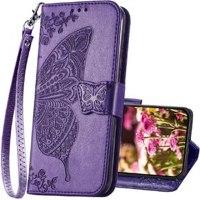 for iPhone 15 Case Wallet for Women,Flip Folio Cover with Butterfly Embossed PU Leather Stand Card Holder Slots Protective Phone Case 6.1 Inch (Pink)
