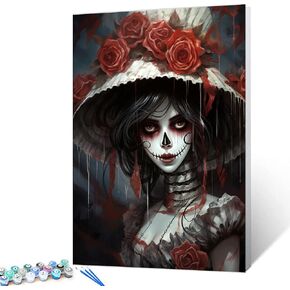 Aihonmin Day of The Dead Paint by Numbers Kits for Adults Clown DIY Canvas Oil Painting Acrylic Pigment Kits Skull and Flowers Paint by Number Home Wall Art Decor Gift Artwork 16x20In(DIY Frame)