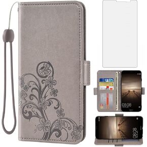 Asuwish Compatible with Huawei Mate 9 Wallet Case and Tempered Glass Screen Protector Flip Purse Accessories Wrist Strap Credit Card Holder TPU Cell Phone Cover for Hawaii Mate9 MHA-L29 Women Men Grey