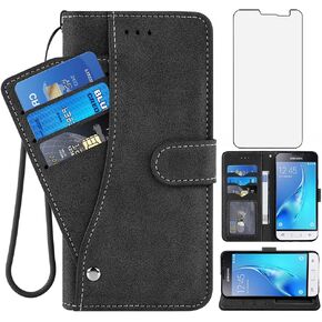 Asuwish Compatible with Samsung Galaxy J1 2016/Amp 2/Express 3/Luna Wallet Case and Tempered Glass Screen Protector Flip Cover Credit Card Holder Stand Cell Phone Cases for Glaxay Amp2 SM-J120A Black